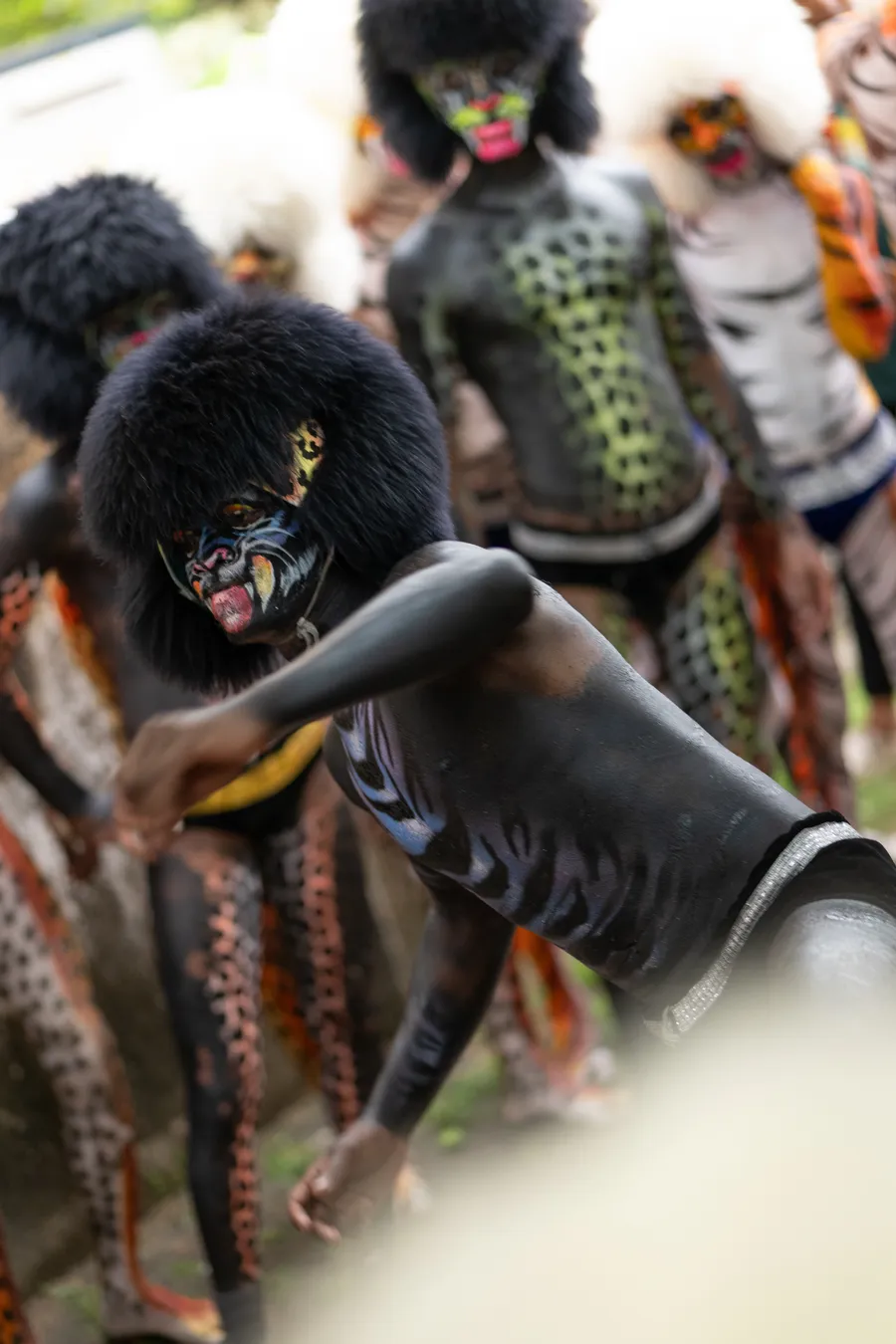 Black-painted Pili Vesha performer in a furry black headpiece reaching toward the camera among other performers.
