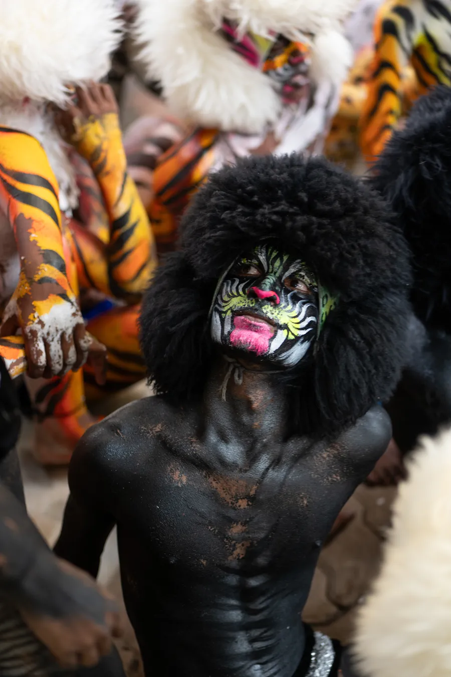 Black-painted Pili Vesha performer with green and white tiger face paint among striped performers.