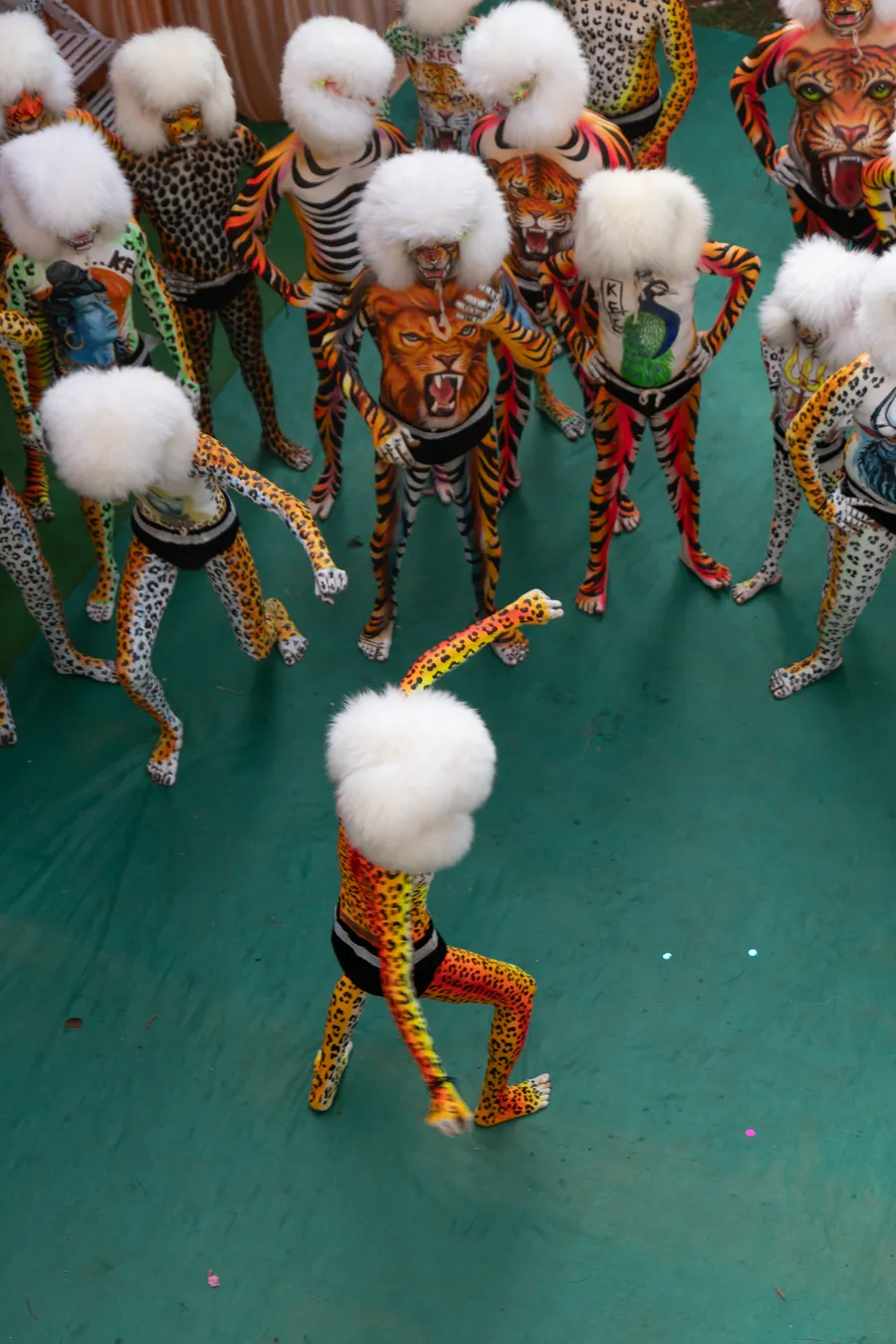 Overhead view of performers in white furry headpieces encircling a spotted dancer on a green carpet.